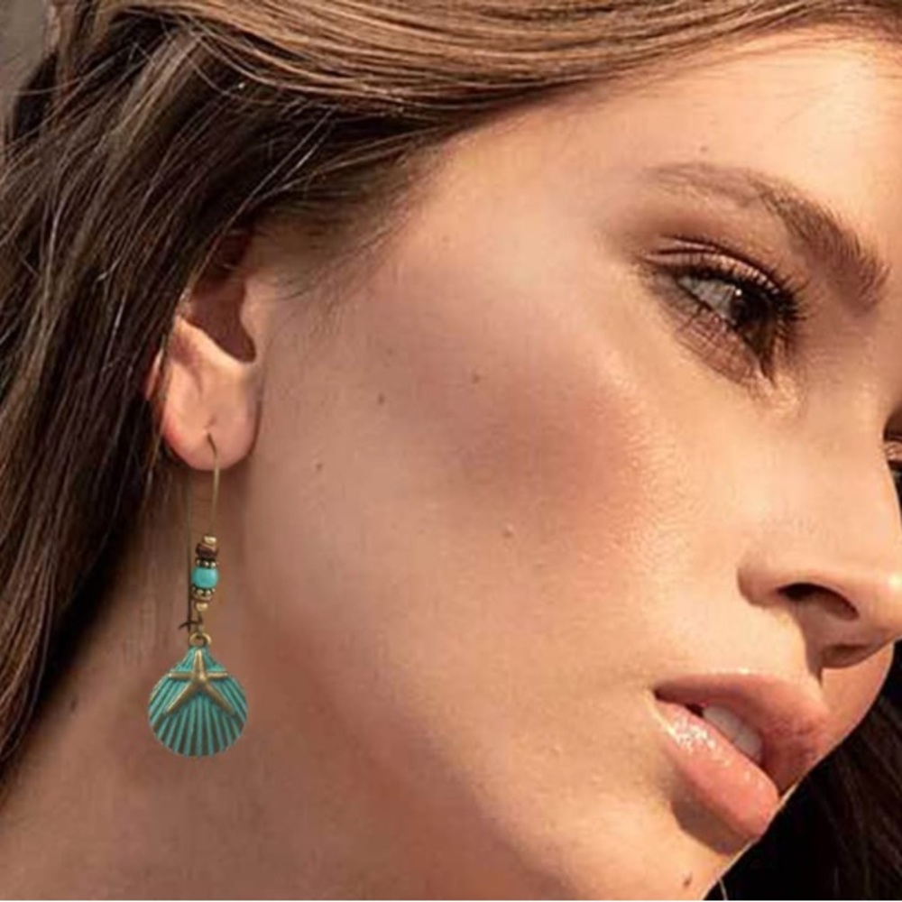 Seashell Earrings Turquoise Bronze Seashell Starfish Dangling Beaded Earrings - Picture 3 of 10